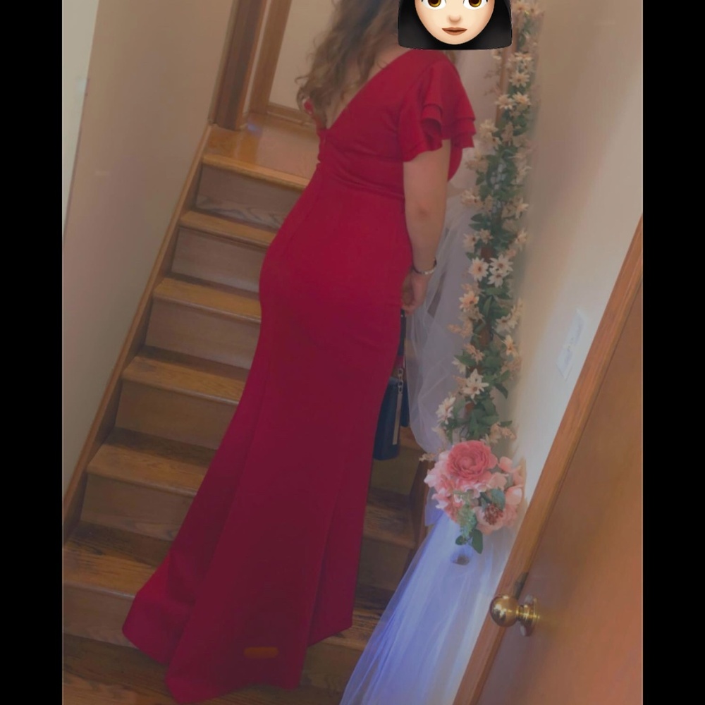 Red flutter sleeve evening gown